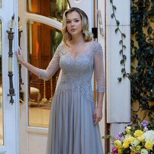 New A-Line Chiffon Mother Of Bride Gown w/ Beads Embroidery & 3/4 Sleeves GL3572